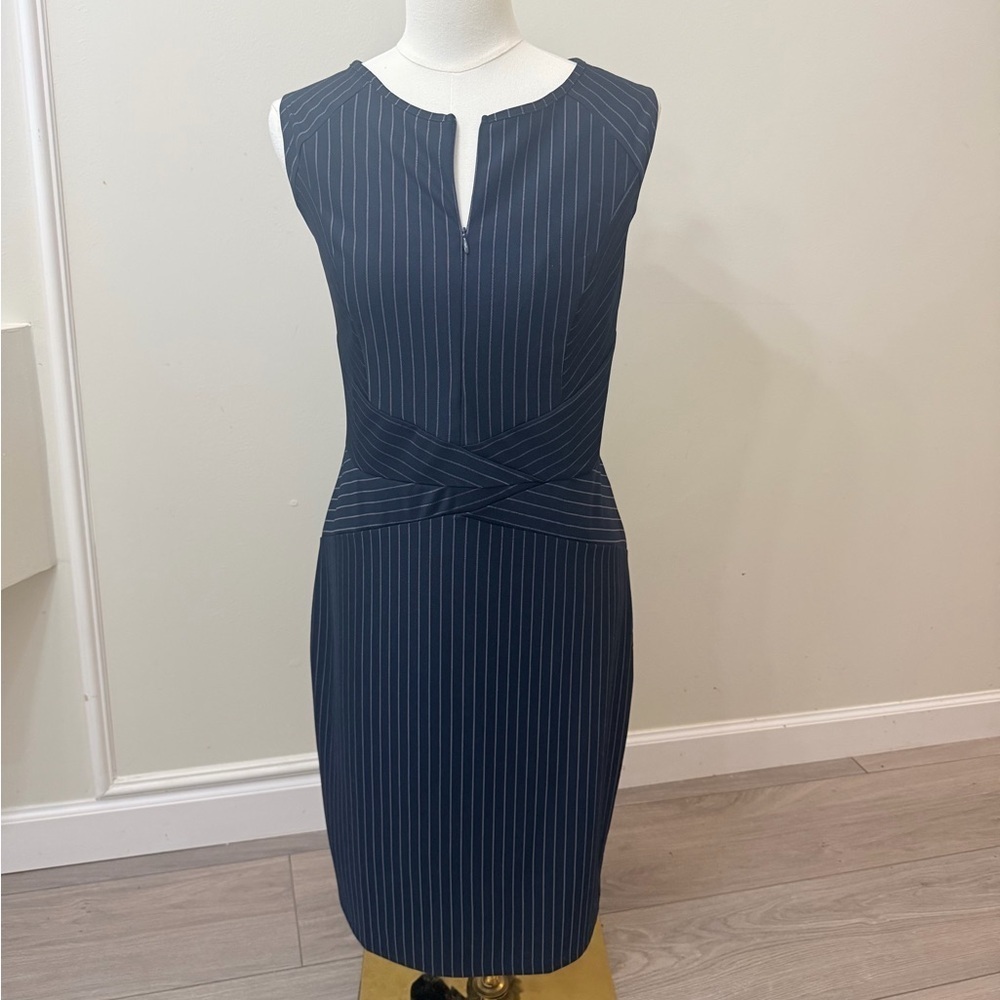 Sophisticated Navy Pinstripe Midi Dress - Picture 5 of 12